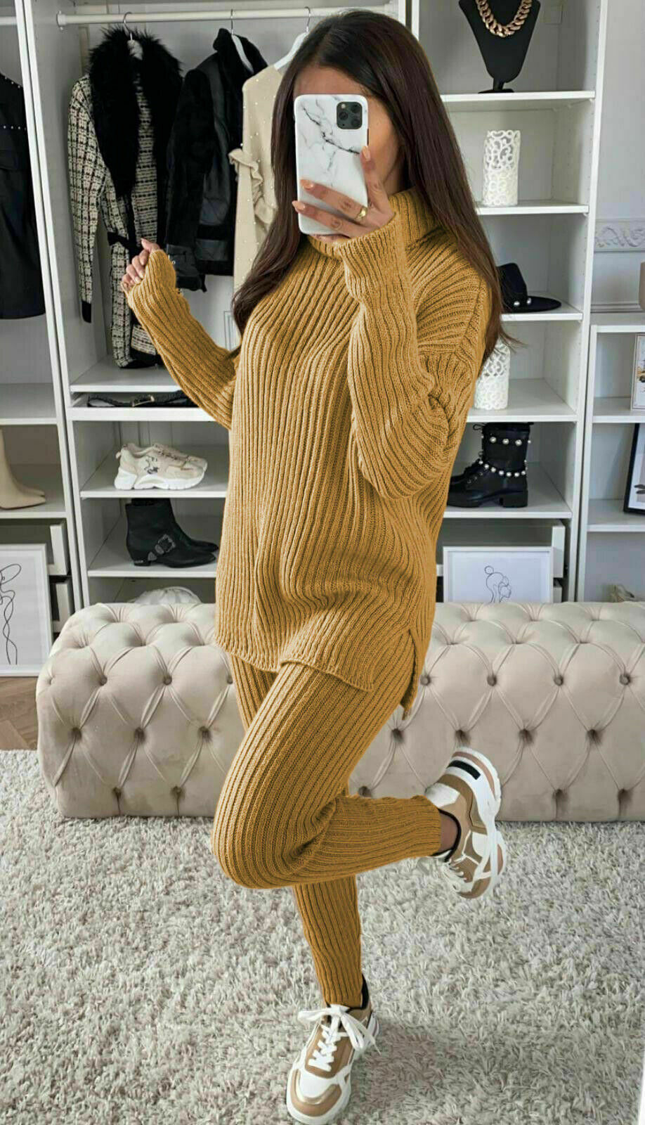 Chunky Knitted Ribbed Polo High Neck Top Leggings Loungewear Set