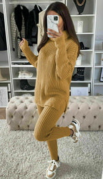 Load image into Gallery viewer, Chunky Knitted Ribbed Polo High Neck Top Leggings Loungewear Set
