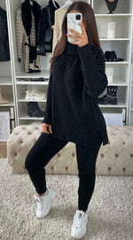 Load image into Gallery viewer, Chunky Knitted Ribbed Polo High Neck Top Leggings Loungewear Set
