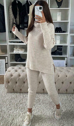 Load image into Gallery viewer, Chunky Knitted Ribbed Polo High Neck Top Leggings Loungewear Set
