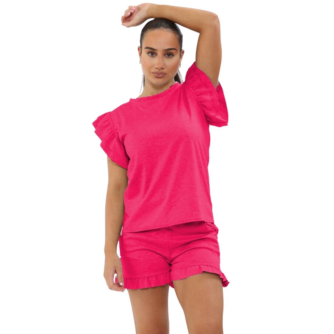 Frill Peplum Sleeve Top & Short 2 Piece Tracksuit Set