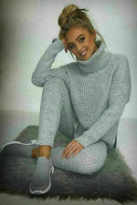 Load image into Gallery viewer, Chunky Knitted Ribbed Polo High Neck Top Leggings Loungewear Set
