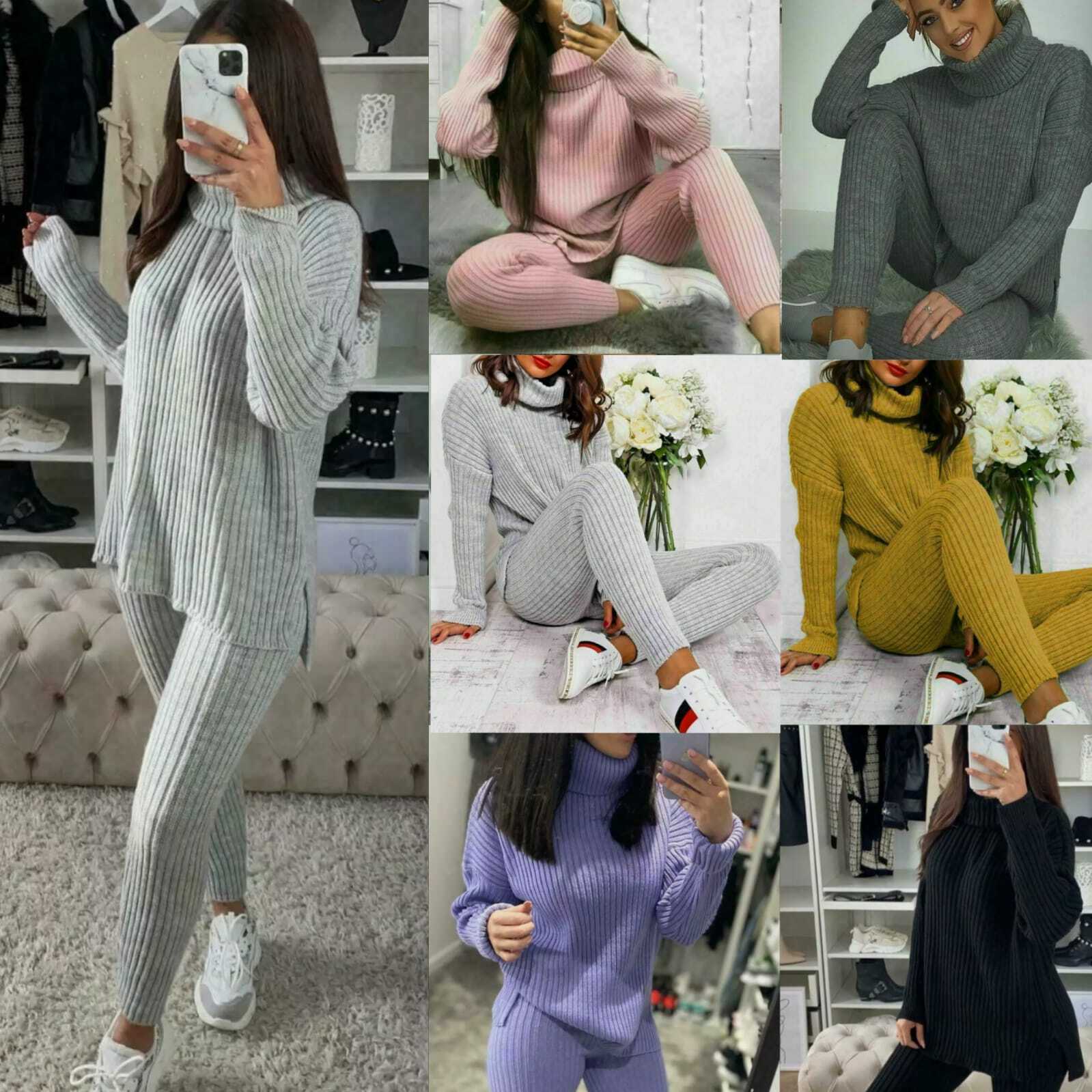Chunky Knitted Ribbed Polo High Neck Top Leggings Loungewear Set