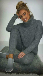 Load image into Gallery viewer, Chunky Knitted Ribbed Polo High Neck Top Leggings Loungewear Set
