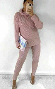 Chunky Knitted Ribbed Polo High Neck Top Leggings Loungewear Set