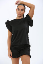 Load image into Gallery viewer, Frill Peplum Sleeve Top &amp; Short 2 Piece Tracksuit Set
