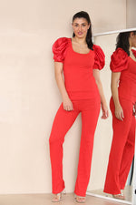 Load image into Gallery viewer, Silky Satin Puff Sleeves Ribbed Lounge Set
