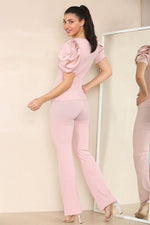 Load image into Gallery viewer, Silky Satin Puff Sleeves Ribbed Lounge Set
