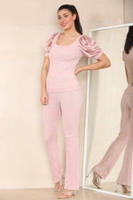 Load image into Gallery viewer, Silky Satin Puff Sleeves Ribbed Lounge Set
