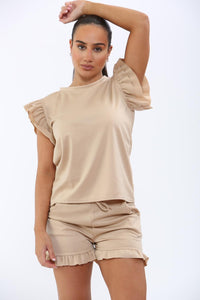 Frill Peplum Sleeve Top & Short 2 Piece Tracksuit Set