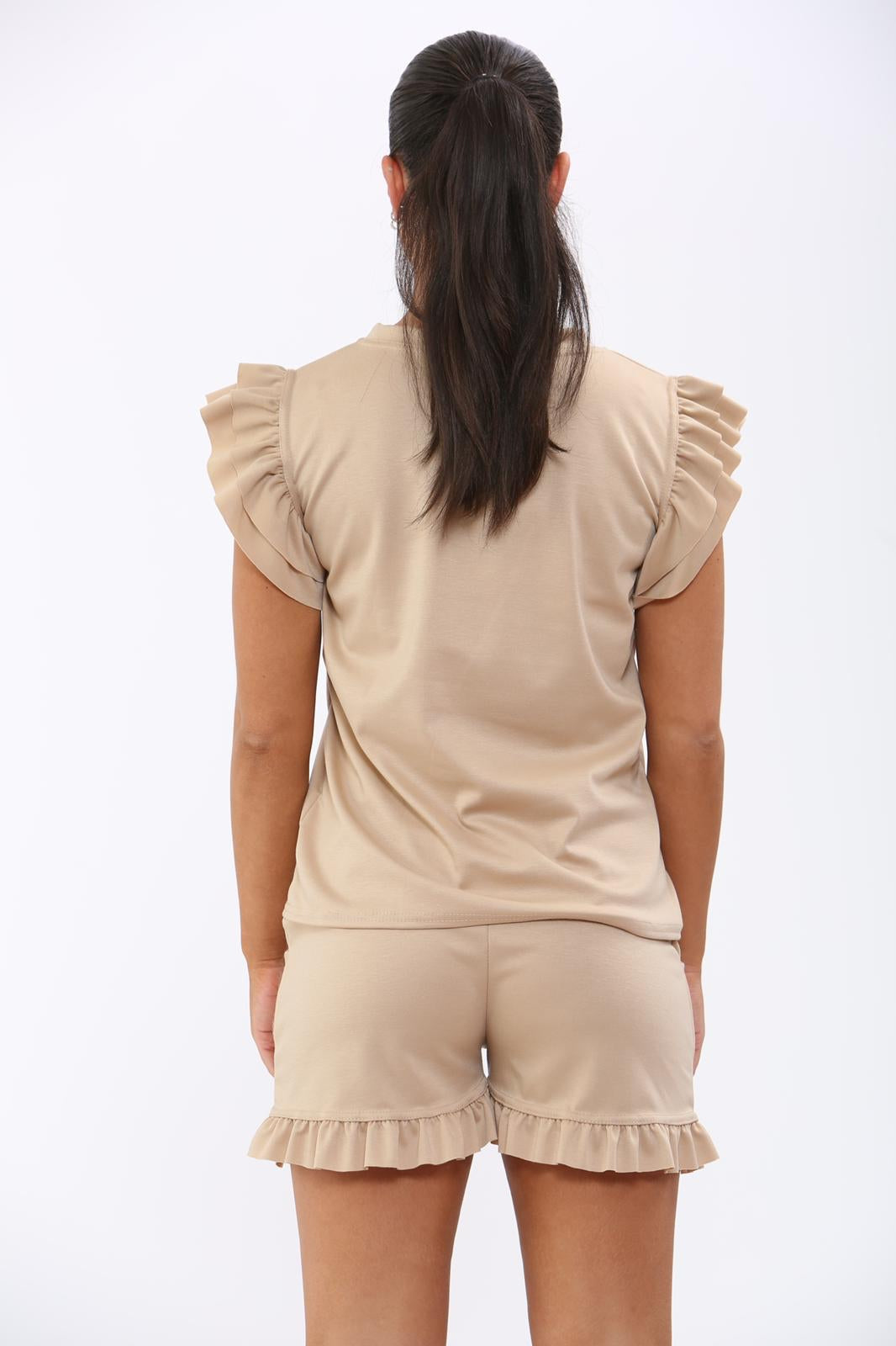 Frill Peplum Sleeve Top & Short 2 Piece Tracksuit Set