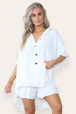 Load image into Gallery viewer, Oversized Gold Button Pleated Frilled Ruffle Co-Ord Set
