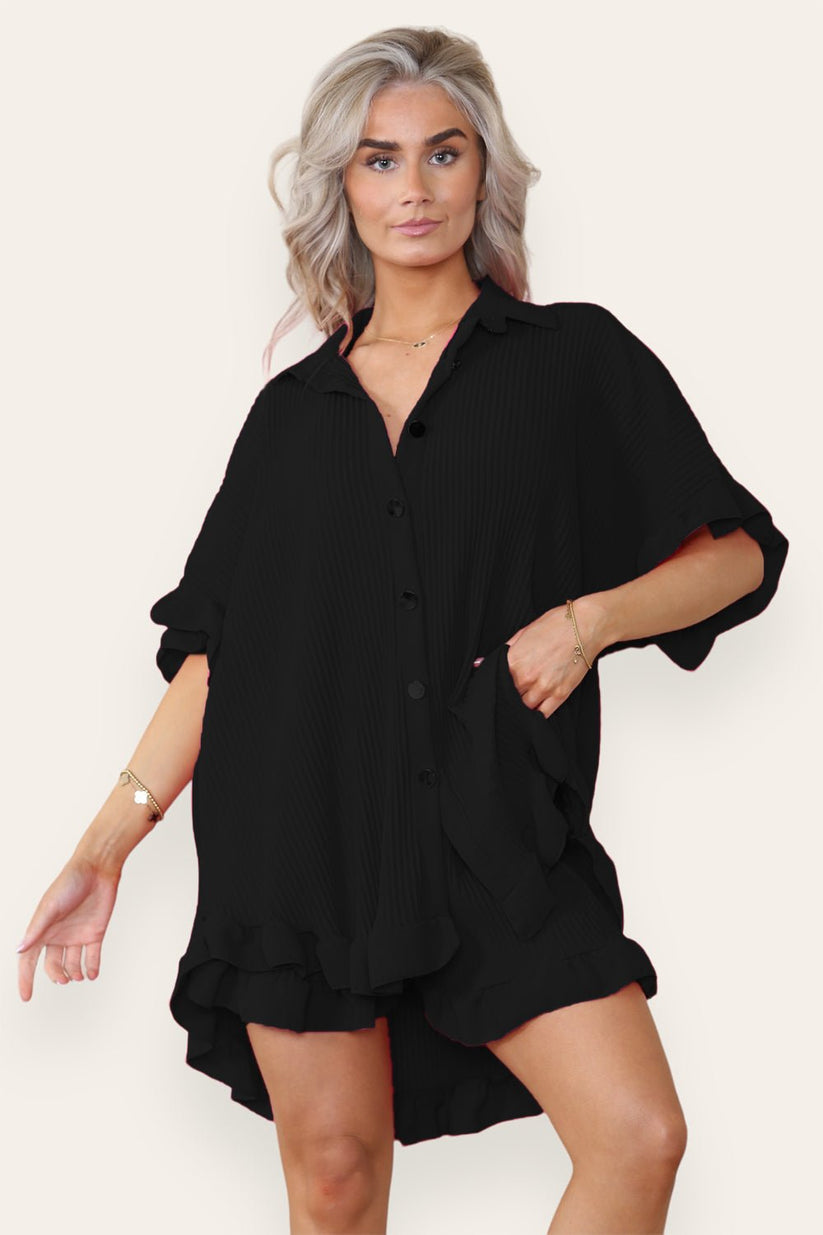 Oversized Gold Button Pleated Frilled Ruffle Co-Ord Set