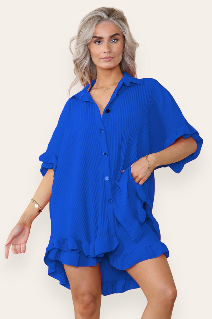 Oversized Gold Button Pleated Frilled Ruffle Co-Ord Set