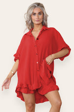 Load image into Gallery viewer, Oversized Gold Button Pleated Frilled Ruffle Co-Ord Set
