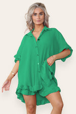 Load image into Gallery viewer, Oversized Gold Button Pleated Frilled Ruffle Co-Ord Set
