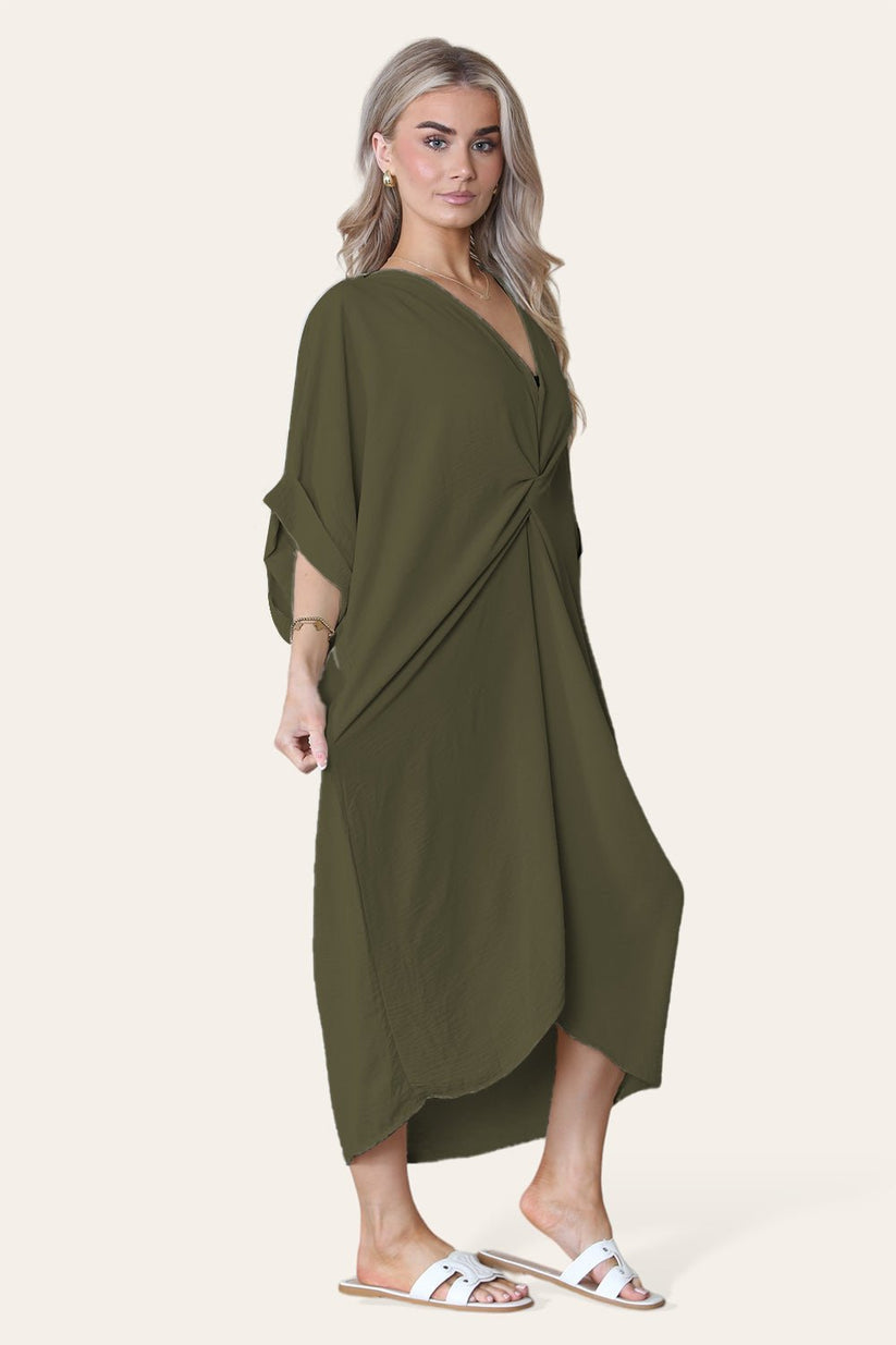 Tie Knotted Twisted Front Oversized Longline Midi Dress