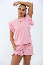 Load image into Gallery viewer, Frill Peplum Sleeve Top &amp; Short 2 Piece Tracksuit Set
