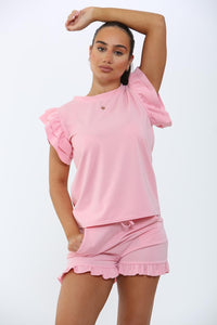 Frill Peplum Sleeve Top & Short 2 Piece Tracksuit Set