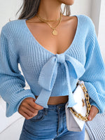 Load image into Gallery viewer, Bow V-Neck Lantern Sleeve Crop Sweater
