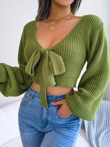 Bow V-Neck Lantern Sleeve Crop Sweater