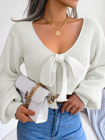 Load image into Gallery viewer, Bow V-Neck Lantern Sleeve Crop Sweater
