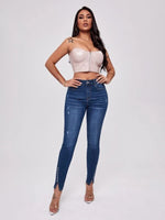 Load image into Gallery viewer, Slit Bead Trim High Waist Jeans
