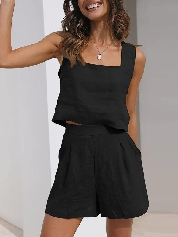 Sleeveless Square Neck Top + Shorts Two-Piece Set