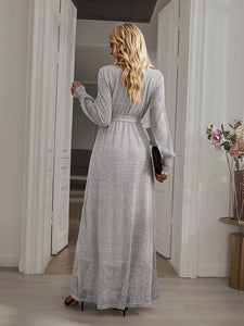 Elegant V Neck Long Sleeve Midi Dress
